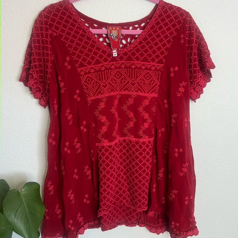 Johnny Was Red Embroidered Eyelet Blouse Boho Tunic Short Sleeve M